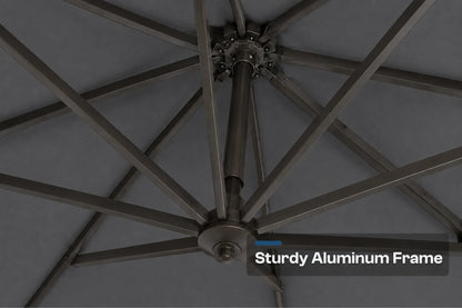 Close-up of the underside of a dark gray patio umbrella showing the black aluminum frame ribs and central hub, with a text overlay reading 'Sturdy Aluminum Frame'.