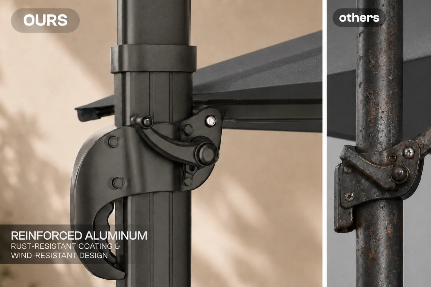 Close-up comparison of an umbrella pole clamp bracket labeled 'OURS' on the left and a rusted metal bracket labeled 'others' on the right, with text noting reinforced aluminum and rust-resistant coating.