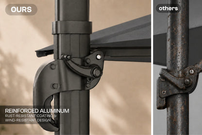 Close-up comparison of an umbrella pole clamp bracket labeled 'OURS' on the left and a rusted metal bracket labeled 'others' on the right, with text noting reinforced aluminum and rust-resistant coating.