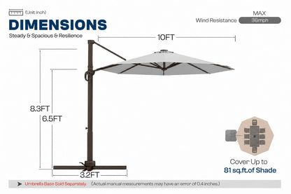 A dimension diagram of a patio umbrella with a canopy shade, showing measurements for height, base width, and overall size, along with text noting wind resistance and shade coverage up to 81 sq.ft.