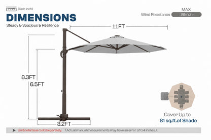 A dimension diagram of a patio umbrella with a gray canopy and metal frame, showing measurements of 11 feet wide canopy, 8.3 feet height.