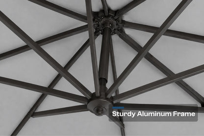 Close-up of a black aluminum patio umbrella frame with radiating ribs against a gray canopy background, with a text overlay reading 'Sturdy Aluminum Frame'.
