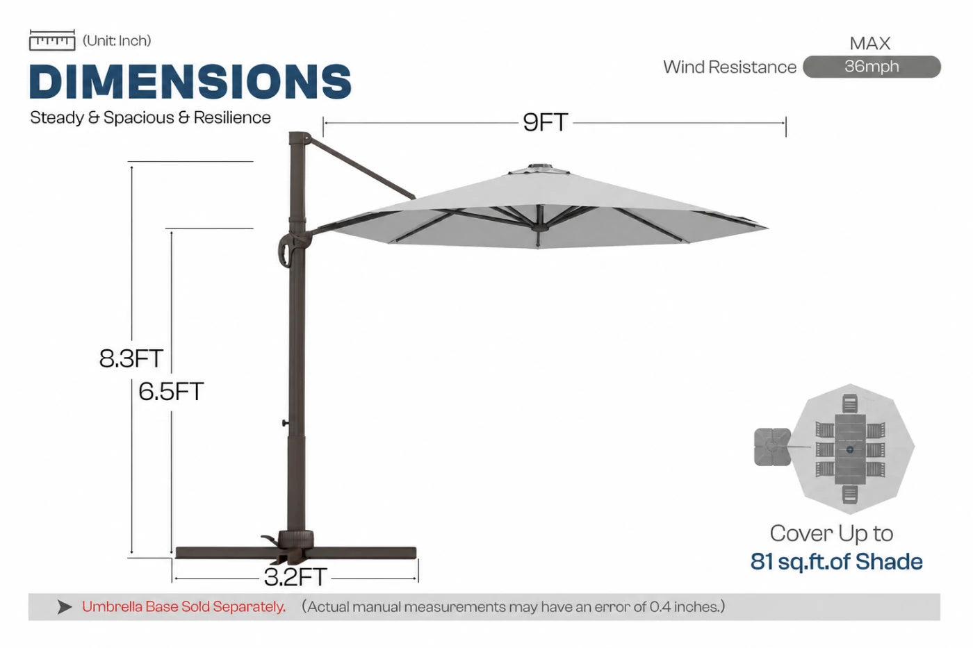 A dimension diagram of a cantilever patio umbrella showing measurements of 9 feet wide canopy, 8.3 feet pole height.