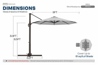 A dimension diagram of a cantilever patio umbrella showing measurements of 9 feet wide canopy, 8.3 feet pole height.
