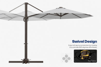 A cantilever-style patio umbrella shown at an angle with part of the canopy extending out of frame, on a light gray background. Text on the right reads 'Swivel Design' with a small inset showing the rotation mechanism.