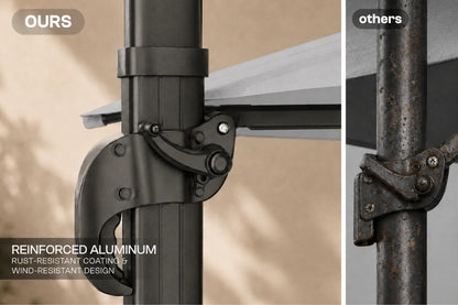 Close-up comparison of an umbrella pole clamp bracket labeled 'OURS' on the left and a rusted metal bracket labeled 'others' on the right, with text noting reinforced aluminum and rust-resistant coating.