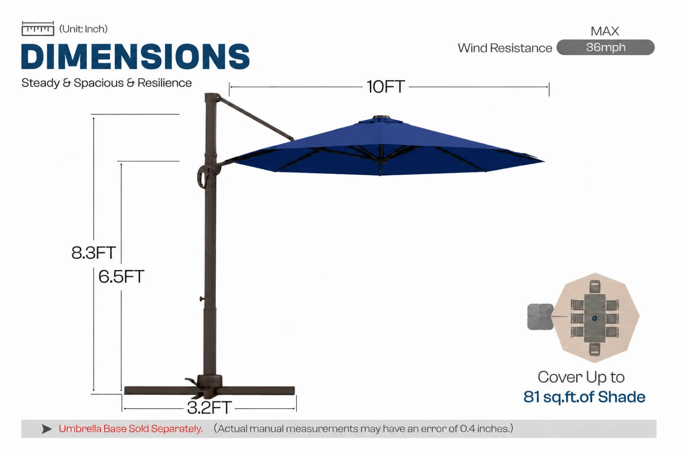 A dimension diagram of a patio umbrella with a navy blue canopy and dark metal frame, showing measurements of 10 feet width, 8.3 feet height.
