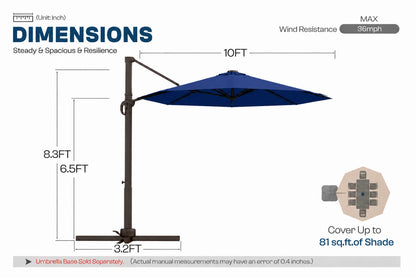 A dimension diagram of a patio umbrella with a navy blue canopy and dark metal frame, showing measurements of 10 feet width, 8.3 feet height.