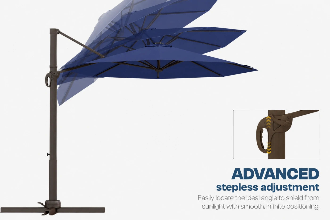 A navy blue cantilever patio umbrella with a dark metal pole and base, shown on a light gray background with an inset detail of the stepless adjustment mechanism and text reading 'ADVANCED stepless adjustment'.