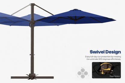 A cantilever-style patio umbrella in navy blue fabric with a dark metal frame and base, shown on a light gray background with marketing text reading 'Swivel Design' and a small inset showing the swivel mechanism.