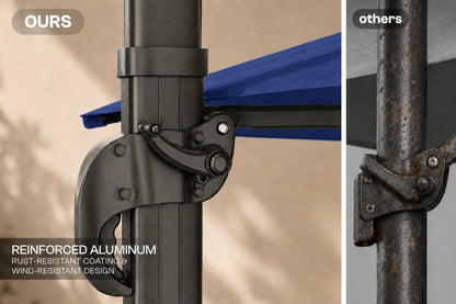 Close-up comparison of an aluminum patio umbrella pole joint labeled 'OURS' versus a rusted metal joint labeled 'others'. Text reads 'REINFORCED ALUMINUM' and 'RUST-RESISTANT COATING & WIND-RESISTANT DESIGN'.