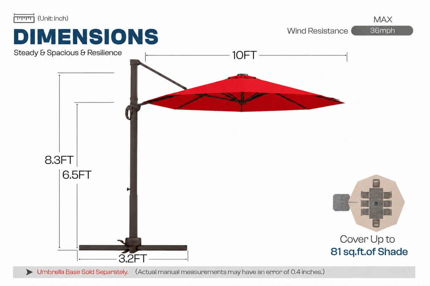 A dimension diagram of a red cantilever patio umbrella with a dark metal base and pole, showing measurements of 10 feet width, 8.3 feet height.