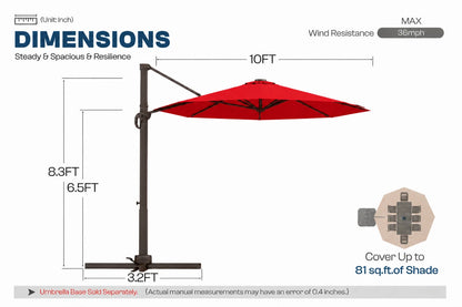 A dimension diagram of a red cantilever patio umbrella with a dark metal base and pole, showing measurements of 10 feet width, 8.3 feet height.