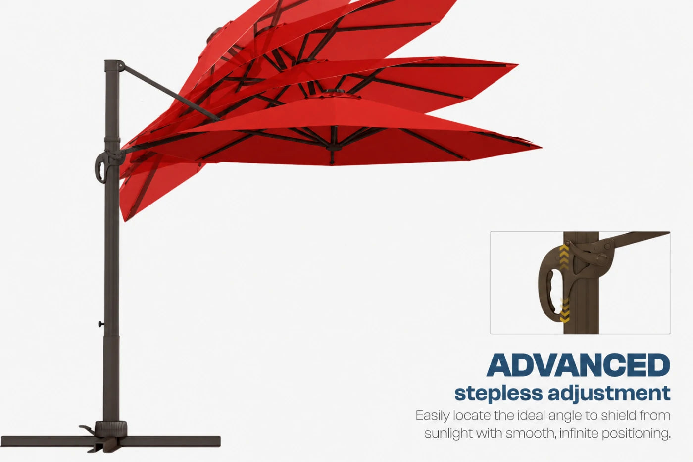 A red cantilever patio umbrella with a dark metal pole and base, shown on a light gray background with an inset detail of the pole joint and text reading 'ADVANCED stepless adjustment'.