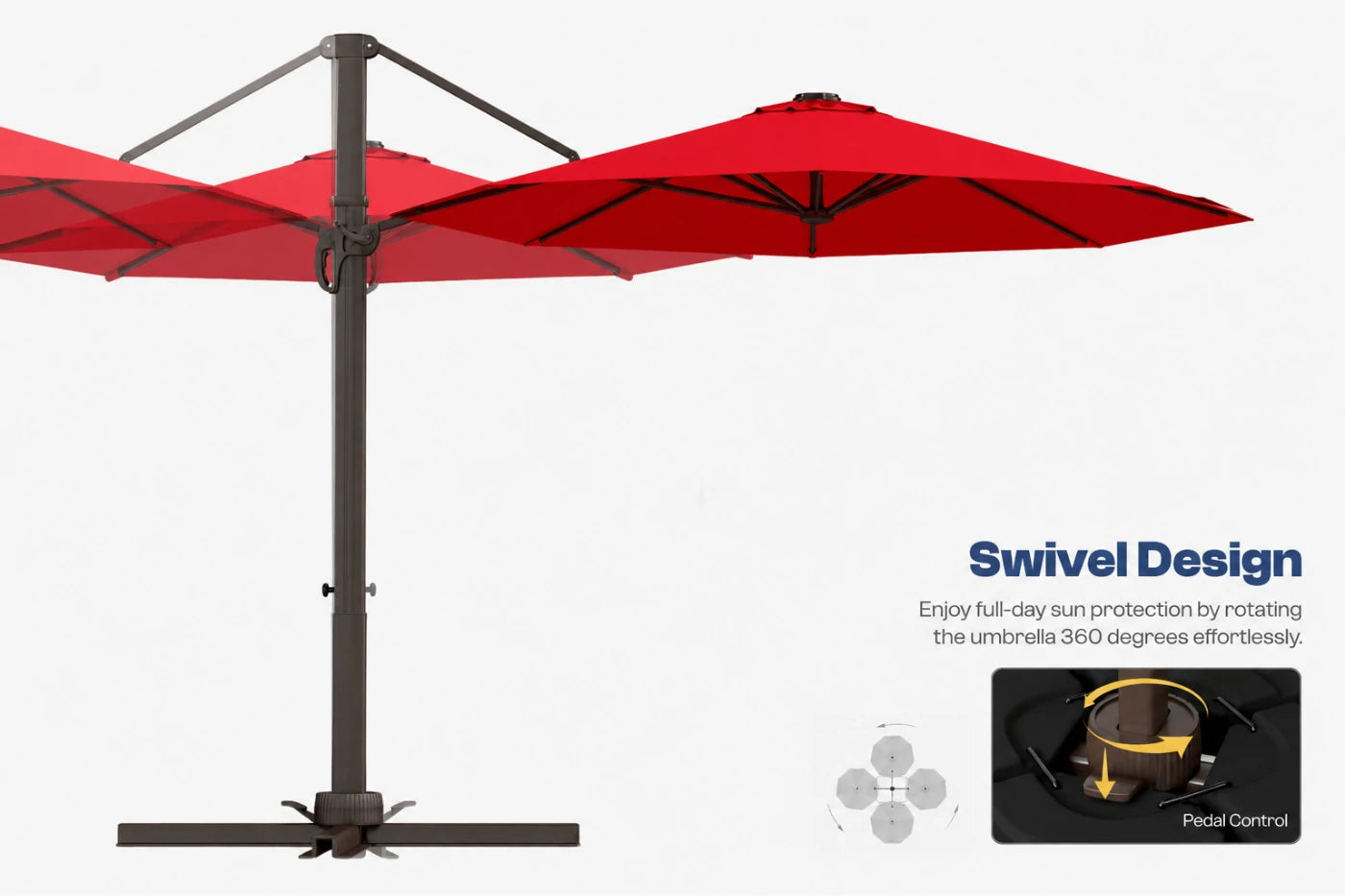 A red cantilever patio umbrella with a dark metal pole and base, shown on a light gray background with text reading 'Swivel Design' and a small inset demonstrating rotation.