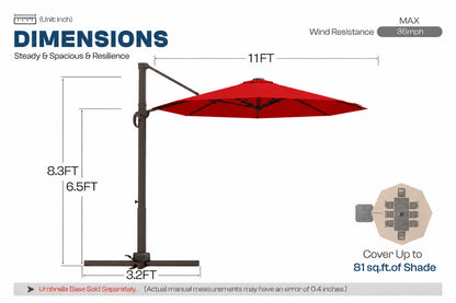A dimension diagram of a patio umbrella with a red canopy and metal frame, showing measurements of 11 feet wide canopy, 8.3 feet height.