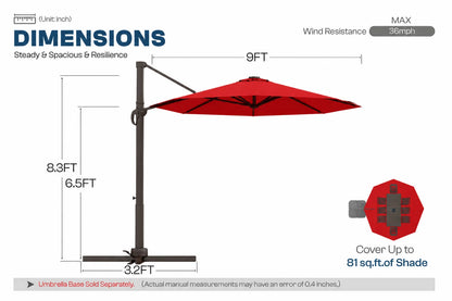 A dimension diagram of a red cantilever patio umbrella with a dark metal pole and base, showing measurements of 9 feet width and 8.3 feet height.