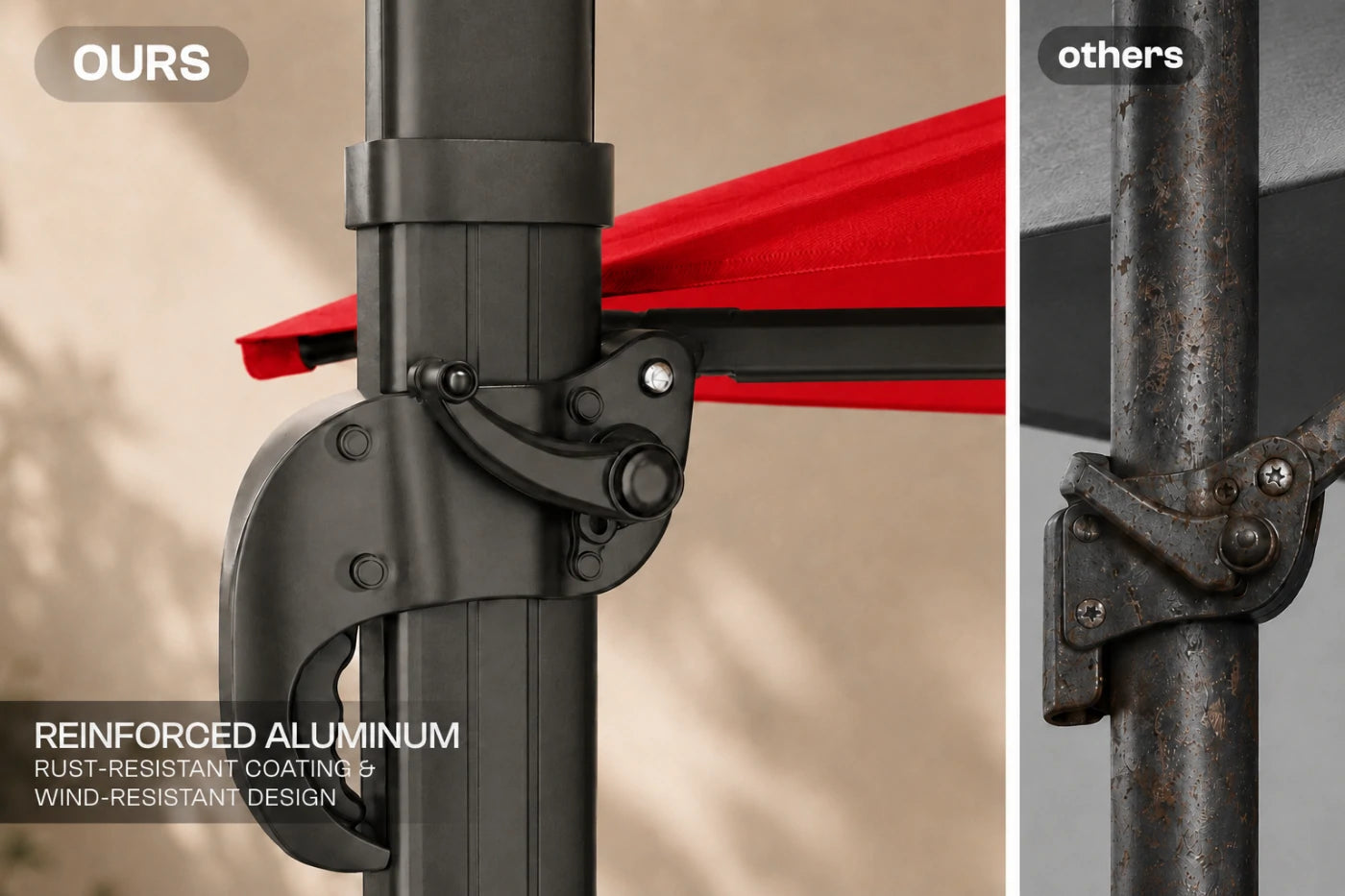 Close-up comparison of an umbrella pole clamp bracket labeled 'OURS' on the left and a rusted metal bracket labeled 'others' on the right, with text noting reinforced aluminum and rust-resistant coating.