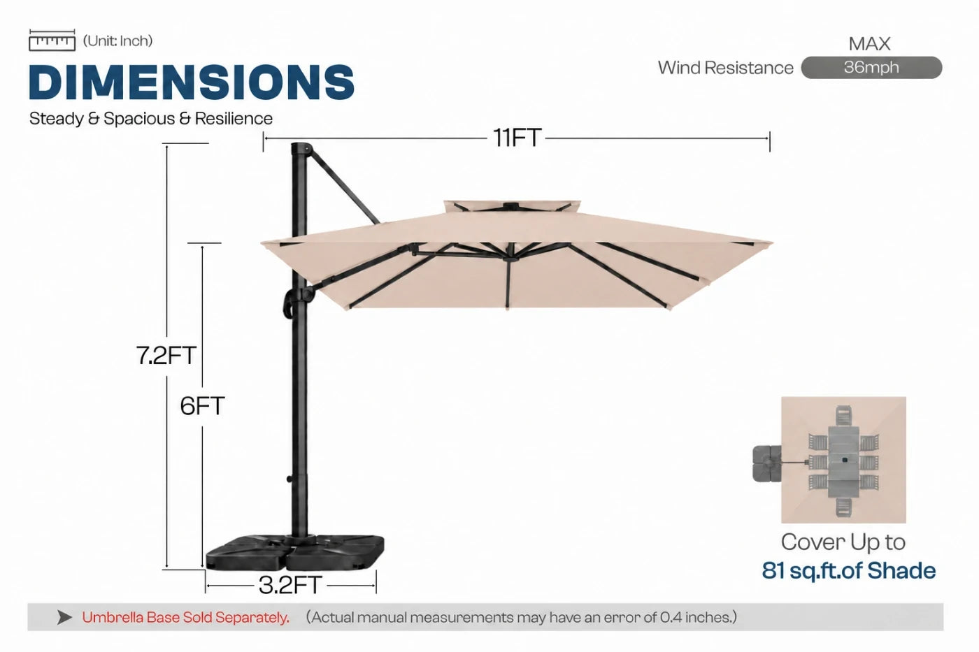A dimension diagram of a beige cantilever patio umbrella with a black base and pole, showing measurements of 11 feet wide canopy, 7.2 feet height and 6 feet pole section.