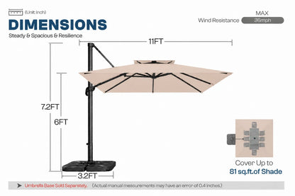 A dimension diagram of a beige cantilever patio umbrella with a black base and pole, showing measurements of 11 feet wide canopy, 7.2 feet height and 6 feet pole section.