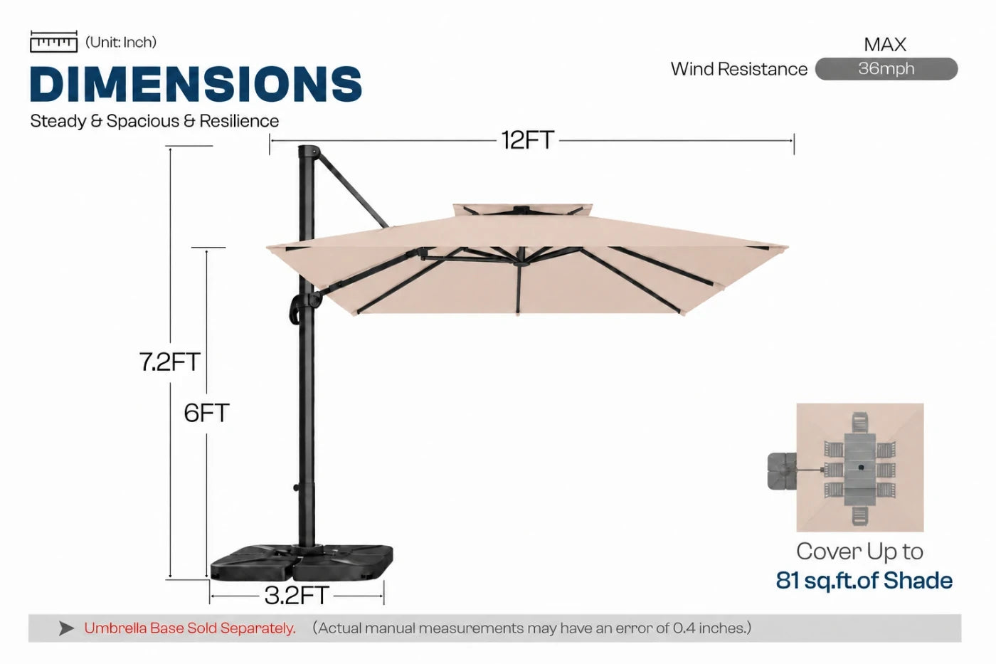 A dimension diagram of a beige cantilever patio umbrella with a black base and pole, showing measurements of 12ft canopy width, 7.2ft pole height, and 6ft center height.