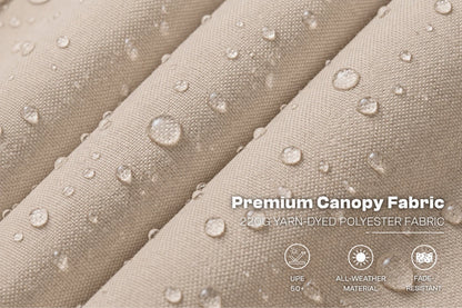 Close-up of beige canopy fabric with water droplets on a textured woven surface. White text reads 'Premium Canopy Fabric' and '220G YARN-DYED POLYESTER FABRIC,' with small feature icons below.