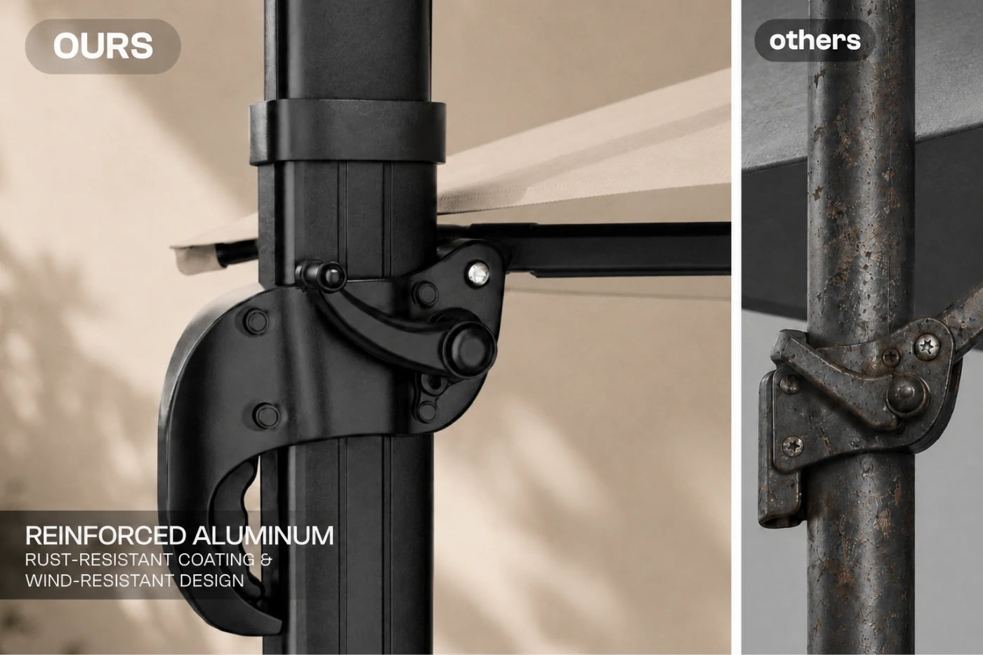 Close-up comparison of a black reinforced aluminum pole clamp labeled 'OURS' on the left and a weathered metal clamp labeled 'others' on the right, with text highlighting rust-resistant coating and wind-resistant design.