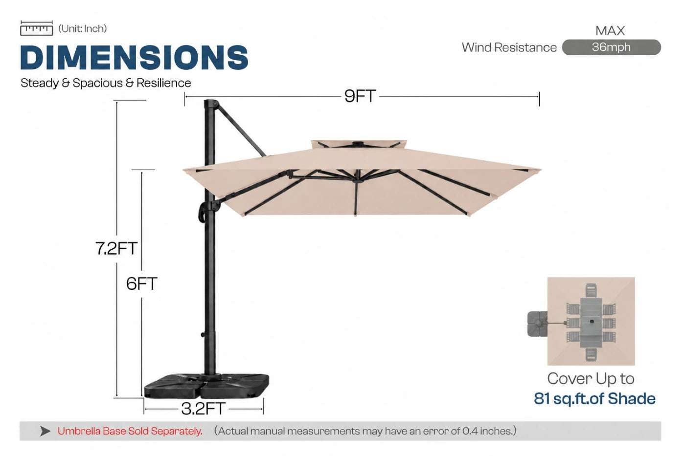 A dimension diagram of a beige cantilever patio umbrella with a black base and pole, showing measurements of 9FT width, 7.2FT height.
