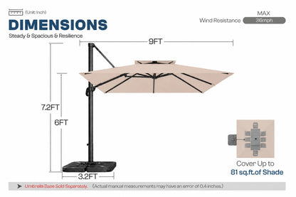 A dimension diagram of a beige cantilever patio umbrella with a black base and pole, showing measurements of 9FT width, 7.2FT height.