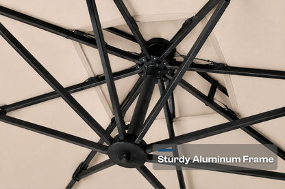 Close-up of a black aluminum patio umbrella frame with radiating ribs and a beige canopy, with a text overlay reading 'Sturdy Aluminum Frame'.