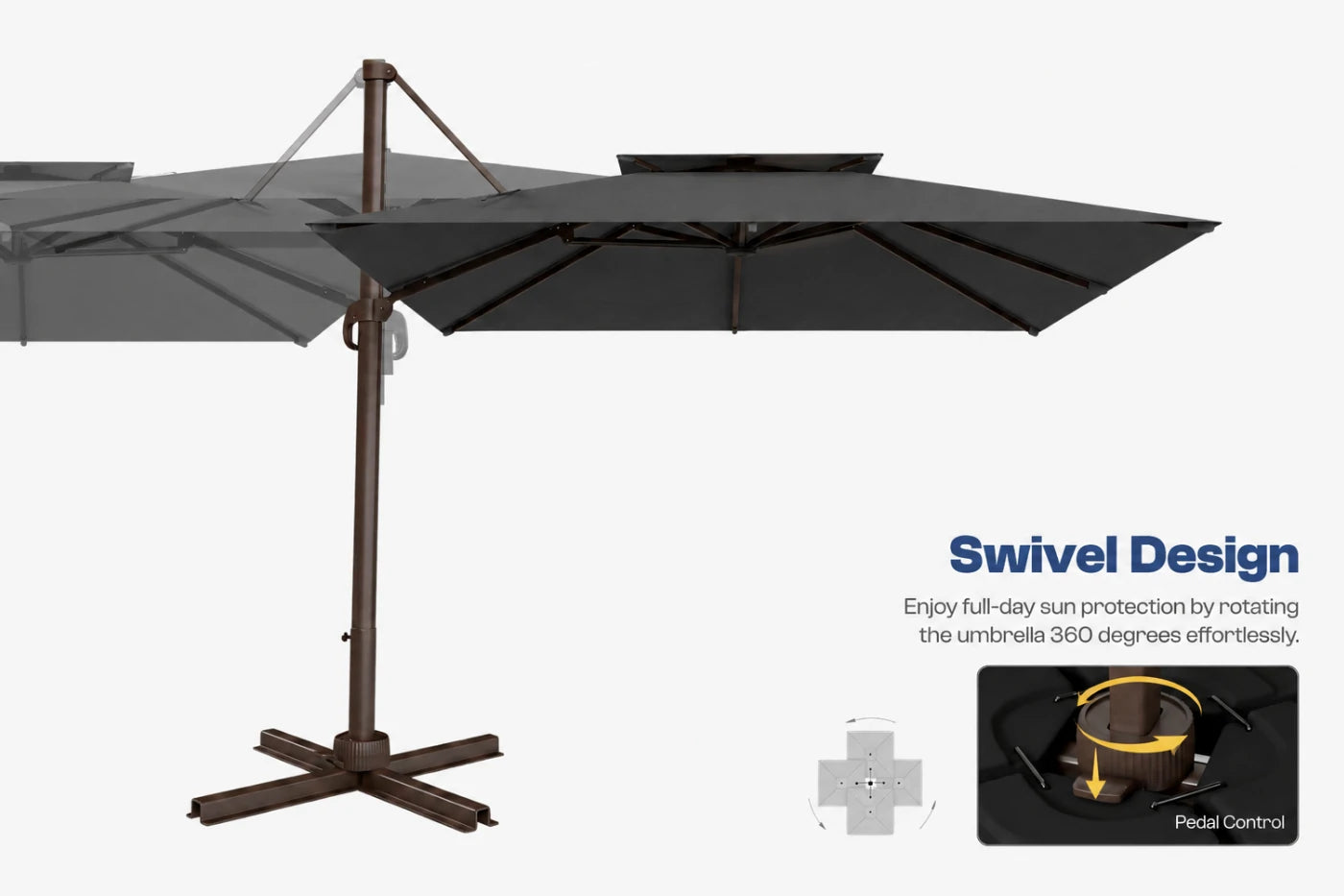 A dark gray swivel cantilever patio umbrella with a bronze-finished metal frame and cross base, shown on a light gray background with marketing text and feature callouts.