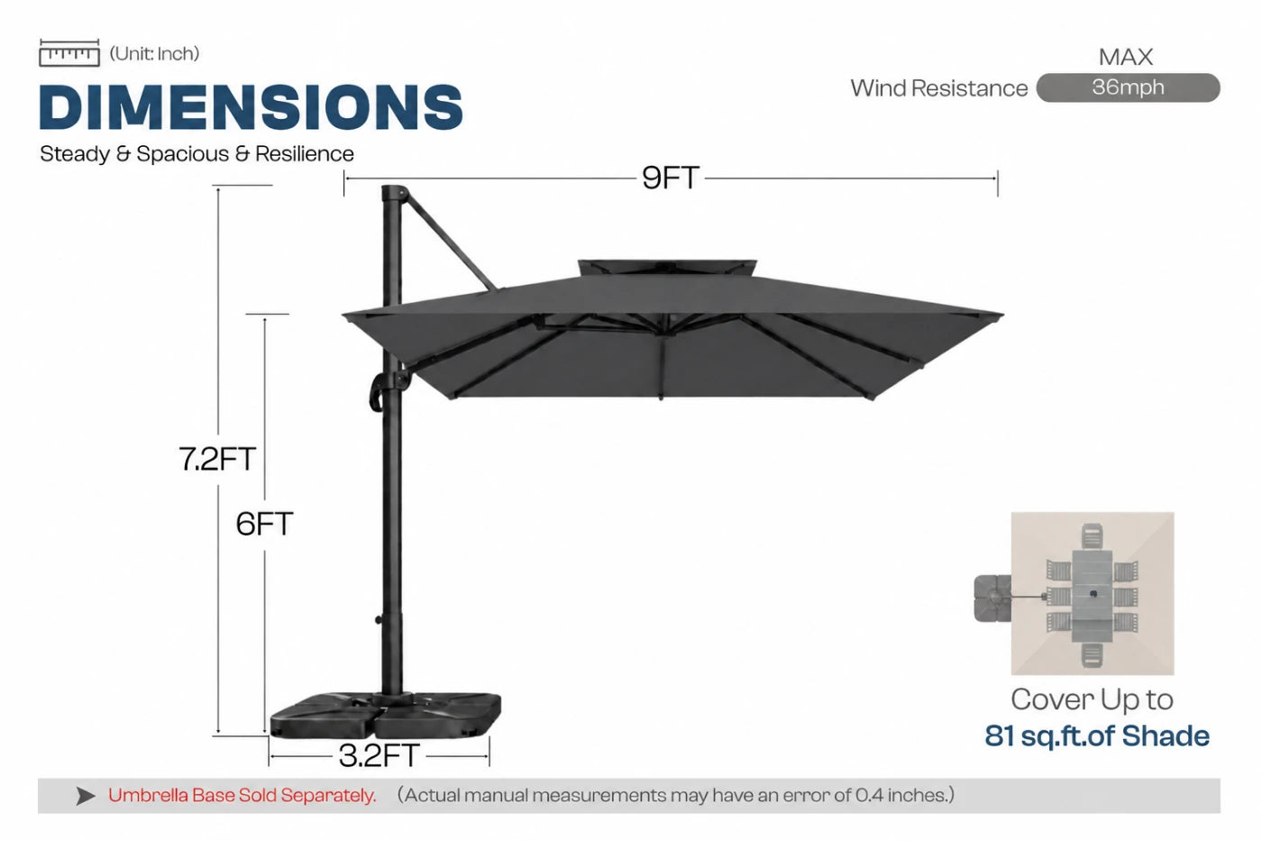 A dimension diagram of a dark gray cantilever patio umbrella with a square base, showing measurements of 9ft width and 7.2ft height.