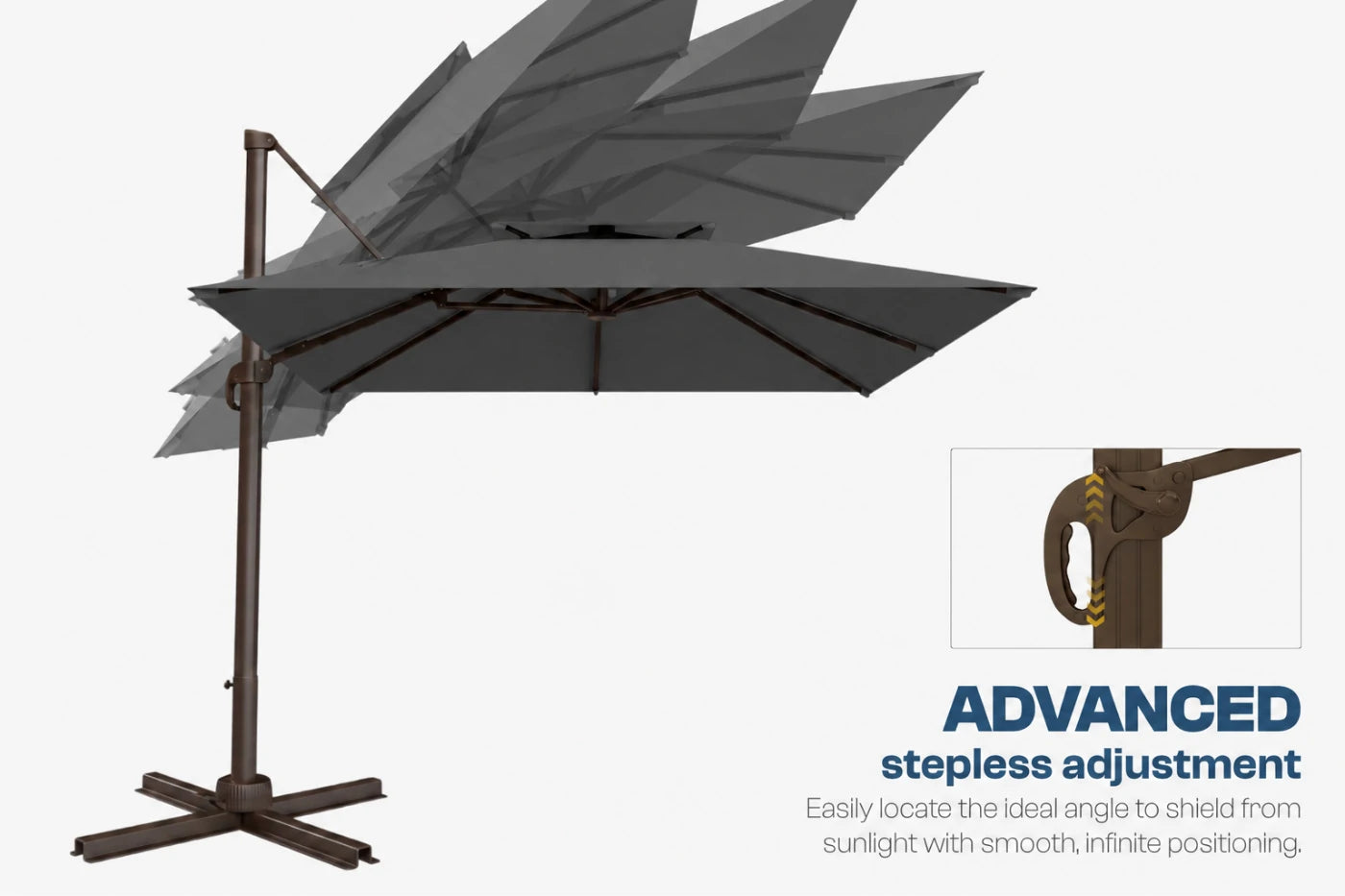 A dark gray cantilever patio umbrella with a bronze-colored metal pole and base, shown on a light gray background with an inset detail of the pole joint and text reading 'ADVANCED stepless adjustment'.