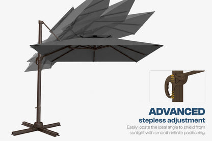 A dark gray cantilever patio umbrella with a bronze-colored metal pole and base, shown on a light gray background with an inset detail of the pole joint and text reading 'ADVANCED stepless adjustment'.
