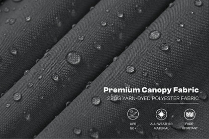 Close-up of dark gray water-dyed polyester fabric with visible water droplets and overlaid text reading 'Premium Canopy Fabric' plus small feature icons.