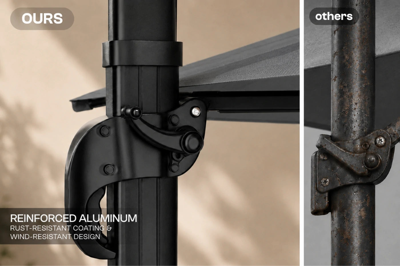 Close-up comparison of an aluminum pole clamp labeled 'OURS' on the left and a rusted metal clamp labeled 'others' on the right, with text highlighting reinforced aluminum and rust-resistant design.