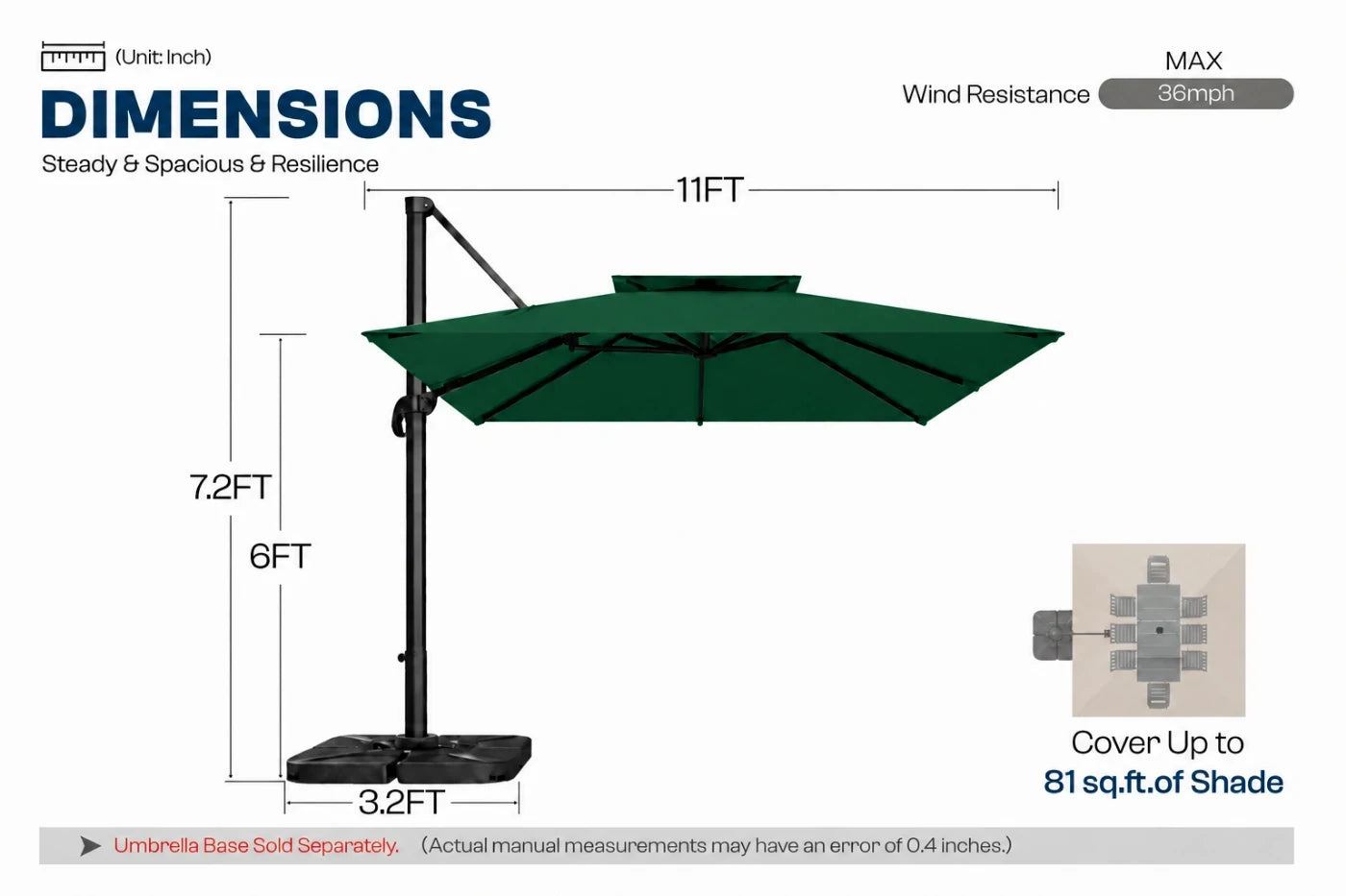 A dimension diagram of a dark green cantilever patio umbrella with a black base and pole, showing measurements of 11 feet wide canopy, 7.2 feet height and 6 feet pole section.