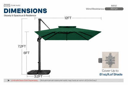 A dimension diagram of a dark green cantilever patio umbrella with a black base and pole, showing measurements of 12ft width and 7.2ft height.