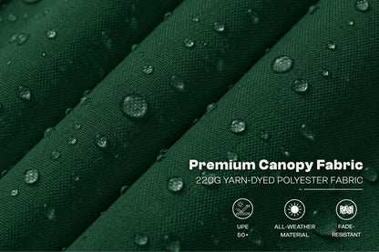 Dark green canopy fabric with water droplets on a close-up view, featuring text that reads 'Premium Canopy Fabric' and '220G YARN-DYED POLYESTER FABRIC' with three feature icons below.