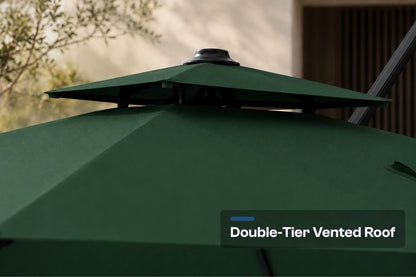 Close-up of a dark green patio umbrella showing its double-tier vented roof structure with a text overlay that reads 'Double-Tier Vented Roof'.
