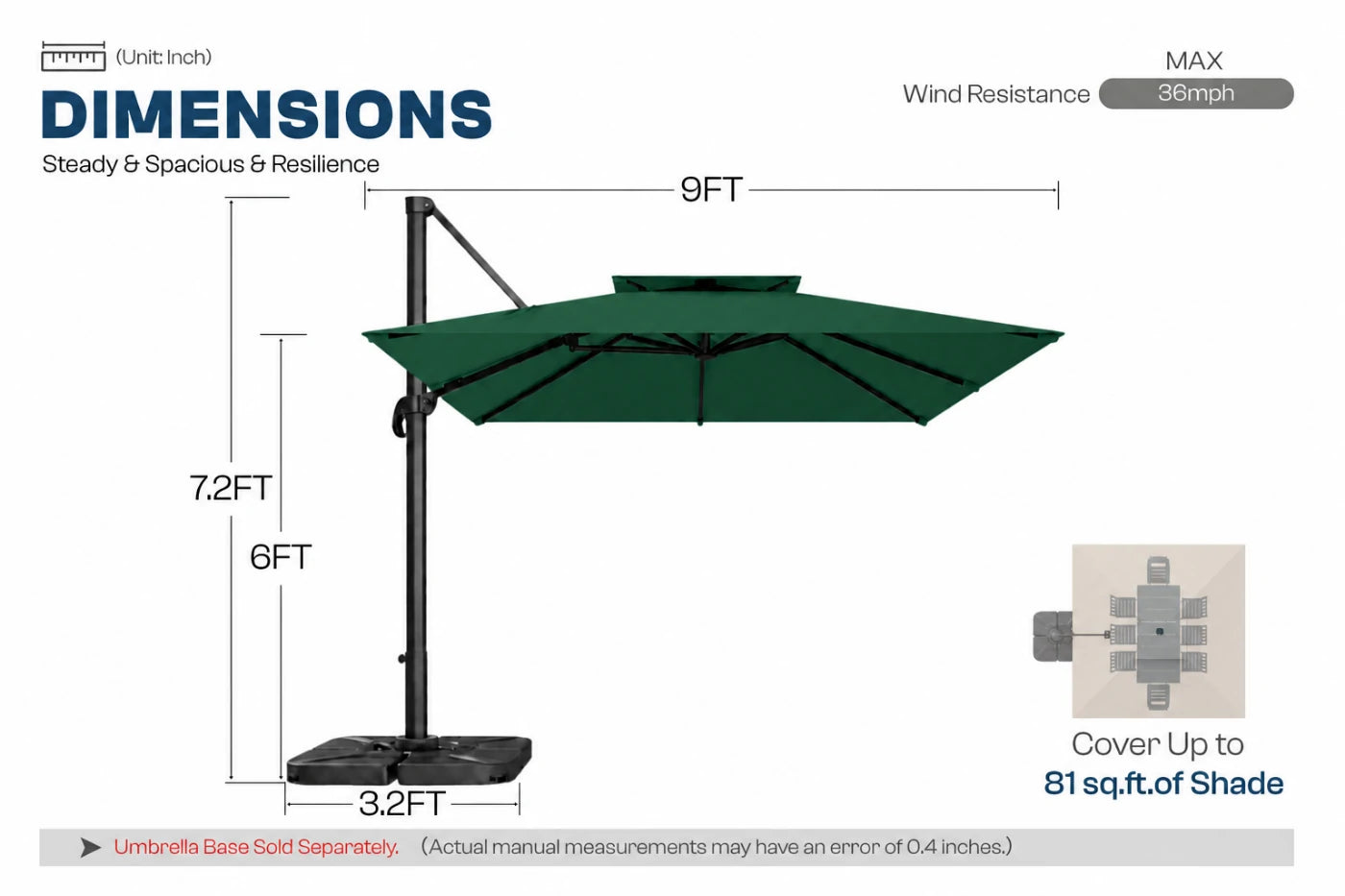 A dimension diagram of a dark green cantilever patio umbrella with a black base and pole, showing measurements of 9FT width, 7.2FT height, 6FT pole section.