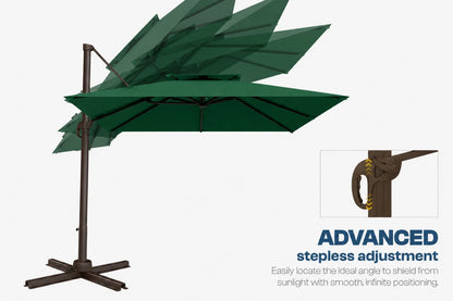 A dark green cantilever patio umbrella with a dark metal pole and base, shown on a light gray background with an inset detail of the pole mechanism and text reading 'ADVANCED stepless adjustment'.