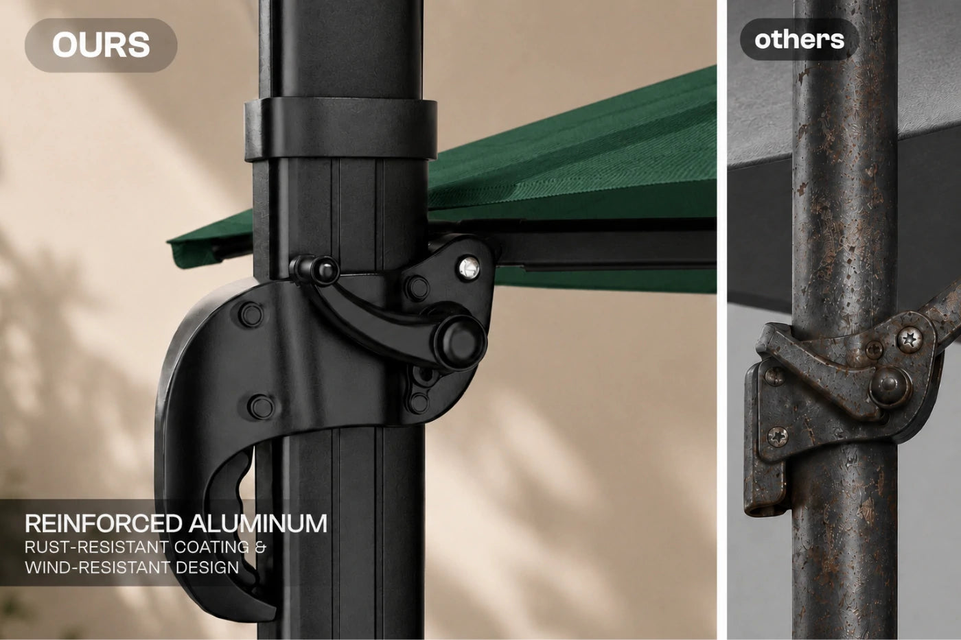 Close-up comparison of an outdoor umbrella pole joint labeled 'OURS' on the left and a rusted metal joint labeled 'others' on the right, with text highlighting reinforced aluminum and rust-resistant coating.