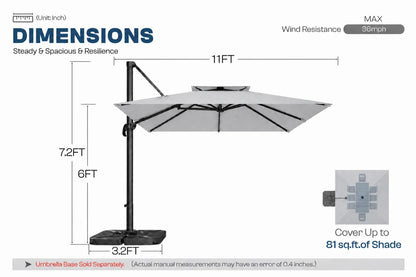 A dimension diagram of a cantilever patio umbrella with a black base and gray canopy, showing measurements of 11 feet width, 7.2 feet height and 6 feet pole height.