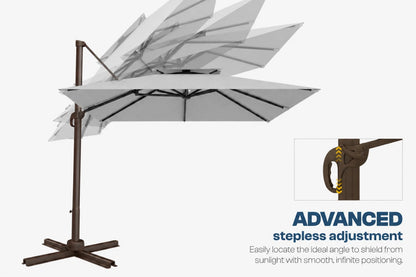 A cantilever patio umbrella with a brown metal frame and gray canopy, shown on a light gray background with an inset detail of the stepless adjustment mechanism and marketing text.