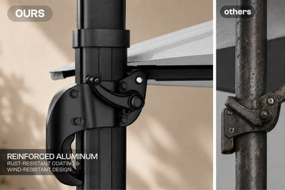 Close-up comparison of a black reinforced aluminum pole joint labeled 'OURS' versus a rusted metal joint labeled 'others', with text noting rust-resistant coating and wind-resistant design.