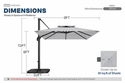 A dimension diagram of a cantilever patio umbrella on a white background, showing measurements of 9FT width, 7.2FT and 6FT height.