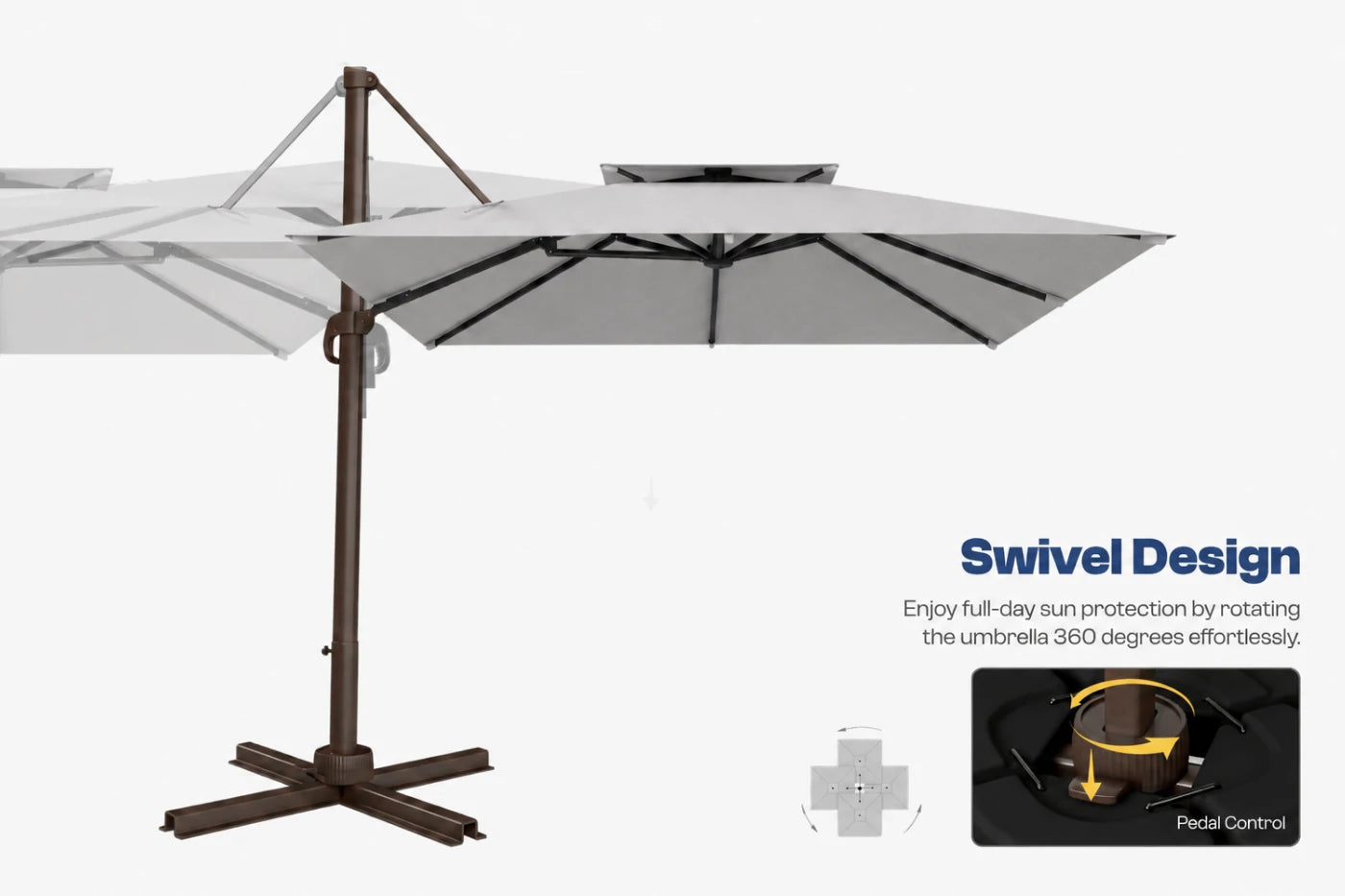 A cantilever patio umbrella with a dark brown metal frame and gray fabric canopy, shown on a white background with marketing text reading 'Swivel Design' and a small inset showing the pedal control mechanism.