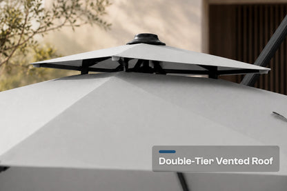 Close-up of a patio umbrella showing the top canopy and double-tier vented roof structure, with a text label reading 'Double-Tier Vented Roof' in the lower right.