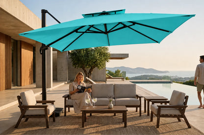 A large turquoise cantilever patio umbrella in a modern outdoor lounge setting with a woman sitting on a sofa and a man standing nearby, set against a luxury villa and pool background.